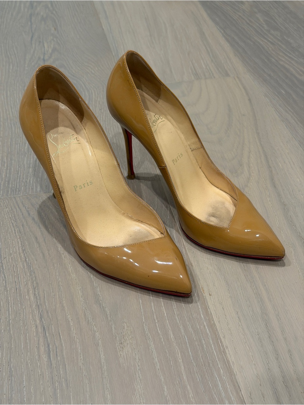 Christian Louboutin Tan Patent Leather Pointed-Toe Pumps